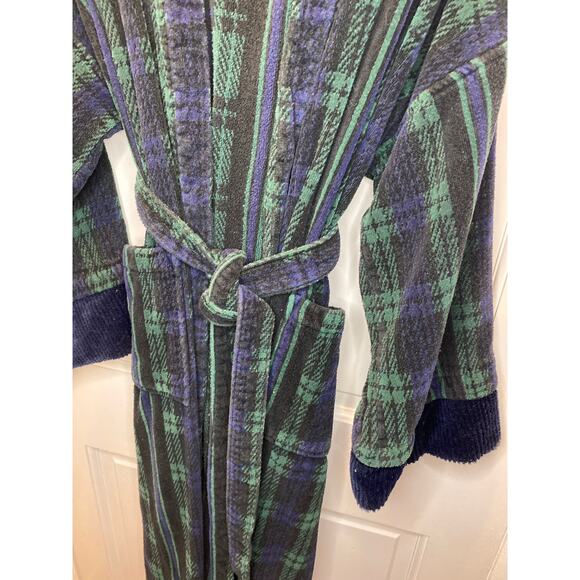 VINTAGE X BARRINGTON Green Blue Plaid Cotton Unisex Robe - Picture 2 of 5